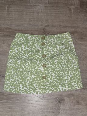 J. Crew Green and White Floral Button-Front Skirt
